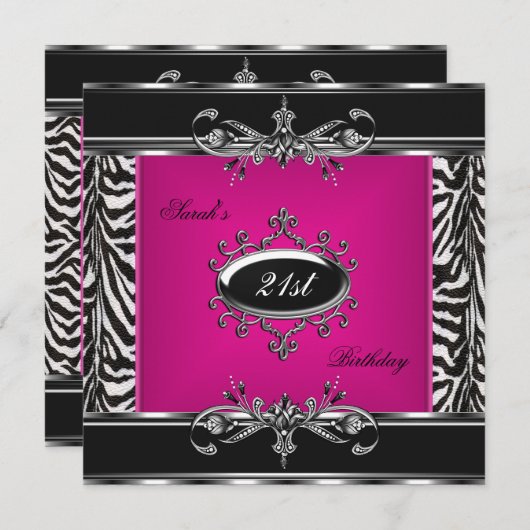 Elegant 21e verjaardag Roze Zebra Black Silver Kaart (Voorkant / Achterkant)