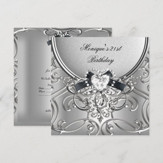 Elegant 21e verjaardag Silver Black Diamond Kaart (Voorkant / Achterkant)