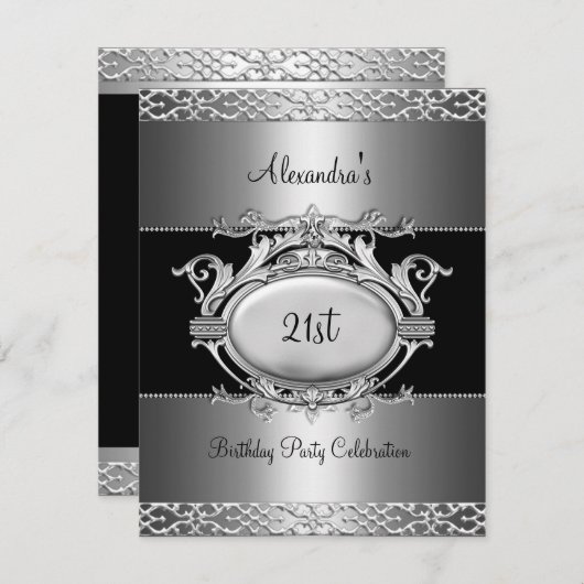 Elegant 21e verjaardag Silver Black Kaart (Voorkant / Achterkant)