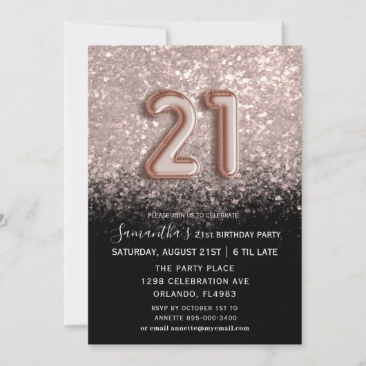 Elegant 21e verjaardag zwart-Roos Gold Glitter Kaart (Voorkant)