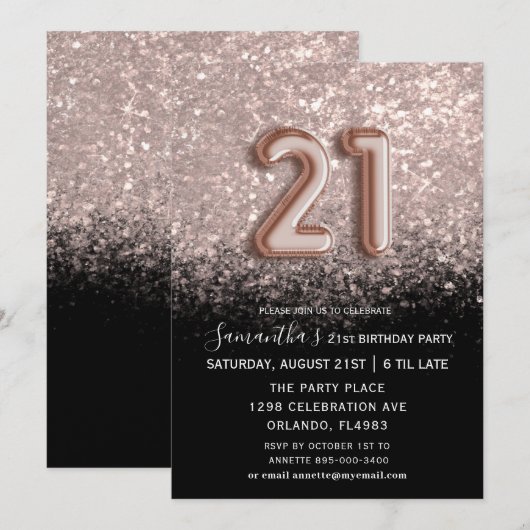 Elegant 21e verjaardag zwart-Roos Gold Glitter Kaart (Voorkant / Achterkant)