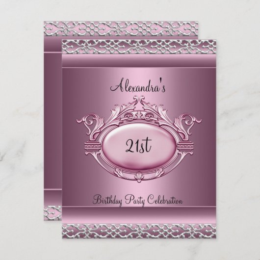 Elegant 21e verjaardagsfeest satijnen roze zilvere kaart (Voorkant / Achterkant)