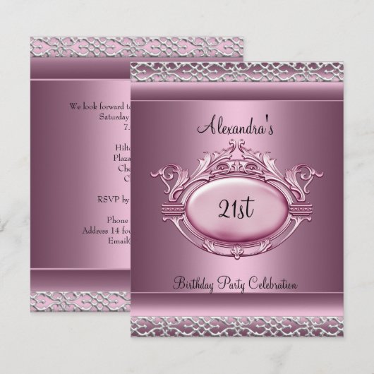 Elegant 21e verpartij Satijn Roze Zilveren Rand Kaart (Voorkant / Achterkant)