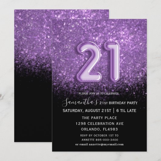 Elegant 21st Birthday Black Paars Glitter Kaart (Voorkant / Achterkant)