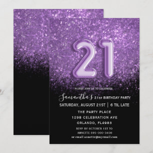 Elegant 21st Birthday Black Paars Glitter Kaart
