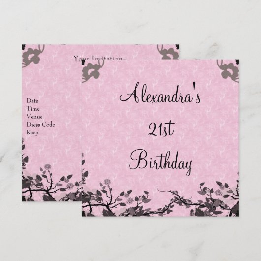 Elegant 21st Birthday Black Pink Flowers Kaart (Voorkant / Achterkant)