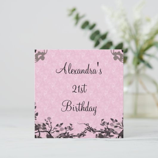 Elegant 21st Birthday Black Pink Flowers Kaart (Staand voorkant)