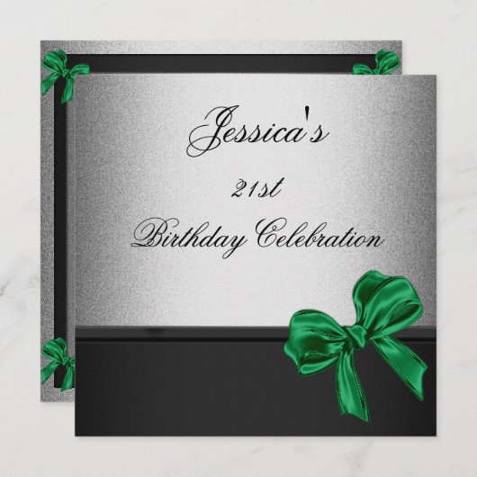 Elegant 21st Birthday Black Silver Emerald Bow Kaart (Voorkant / Achterkant)