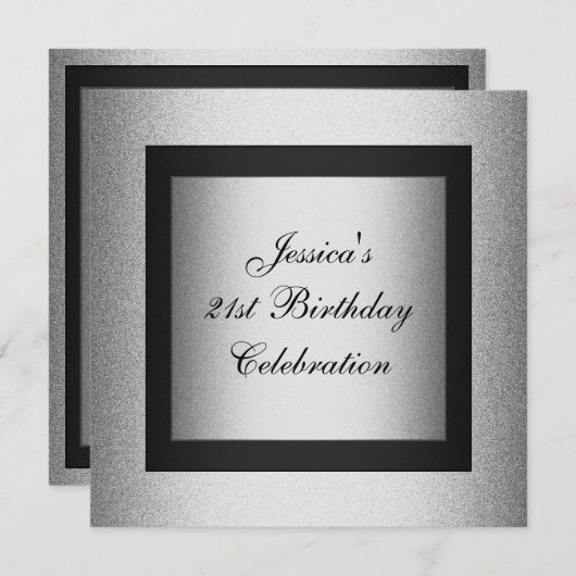 Elegant 21st Birthday Black & Silver Metallic Kaart (Voorkant / Achterkant)