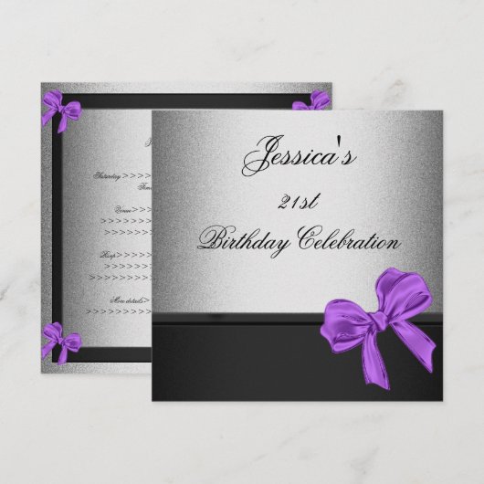 Elegant 21st Birthday Black Silver Paars Bow Kaart (Voorkant / Achterkant)
