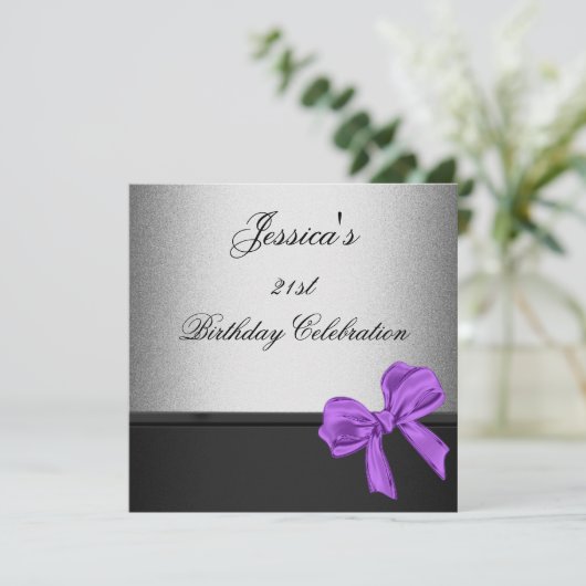 Elegant 21st Birthday Black Silver Paars Bow Kaart (Staand voorkant)