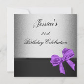 Elegant 21st Birthday Black Silver Paars Bow Kaart (Voorkant)