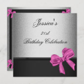 Elegant 21st Birthday Black Silver Pink Bow 2 Kaart (Voorkant / Achterkant)
