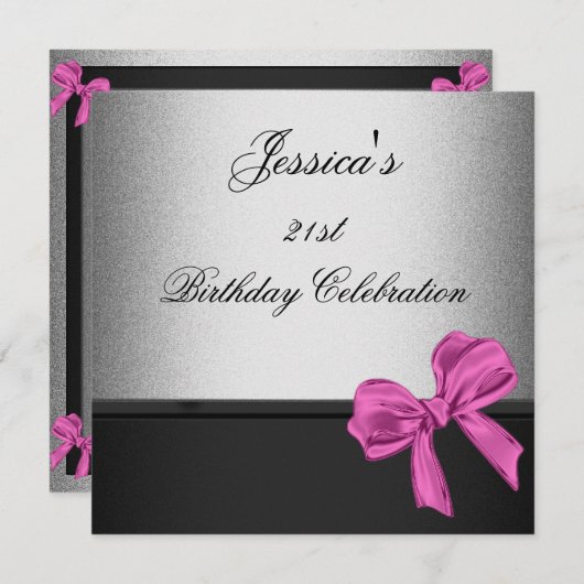 Elegant 21st Birthday Black Silver Pink Bow 2 Kaart (Voorkant / Achterkant)