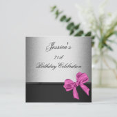 Elegant 21st Birthday Black Silver Pink Bow 2 Kaart (Staand voorkant)