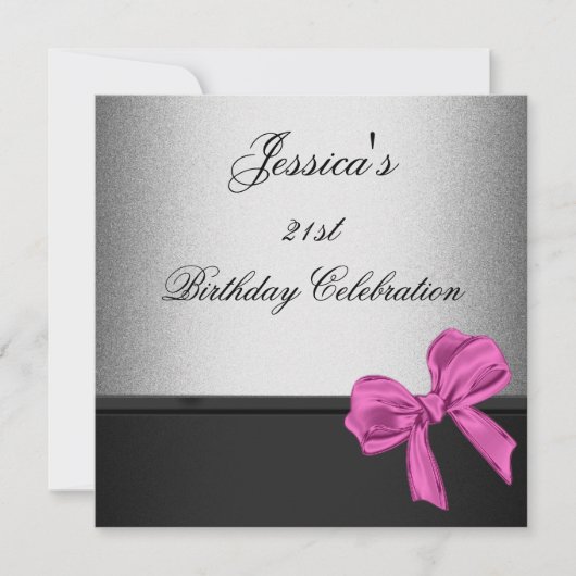Elegant 21st Birthday Black Silver Pink Bow 2 Kaart (Voorkant)
