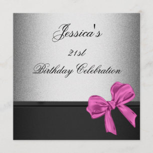 Elegant 21st Birthday Black Silver Pink Bow 2 Kaart