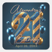 Elegant 21st Birthday Blue Gold Glitter Stripes Vierkante Sticker (Voorkant)