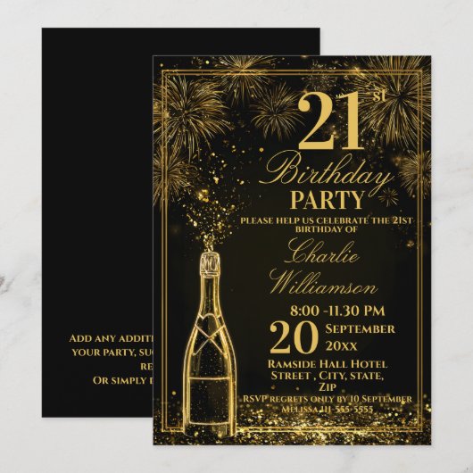Elegant 21st Birthday Gold Bottle Fizz Kaart (Voorkant / Achterkant)