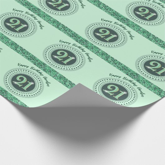 Elegant 21st Birthday Green Glitter with Stripes Cadeaupapier (Hoek)