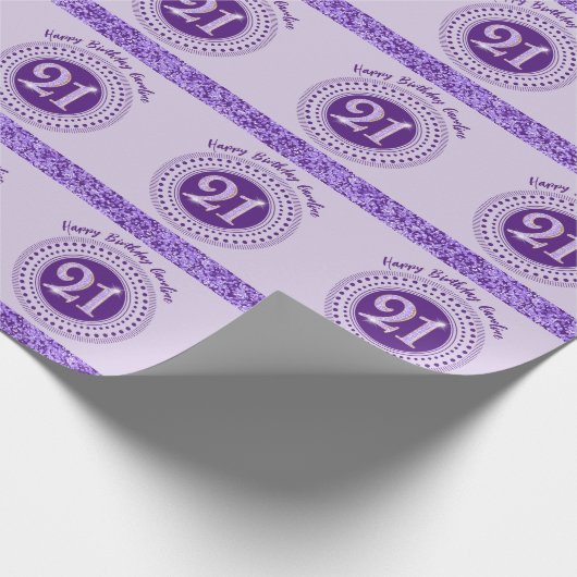 Elegant 21st Birthday Purple Glitter with Stripes Cadeaupapier (Hoek)