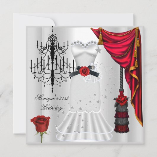 Elegant 21st Birthday Red Rose White Black Kaart (Voorkant)