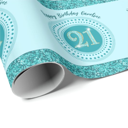 Elegant 21st Birthday Teal Blue Glitter & Stripes Cadeaupapier (Rol Hoek)
