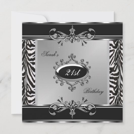 Elegant 21st Birthday Zebra Black White Silver Kaart (Voorkant)