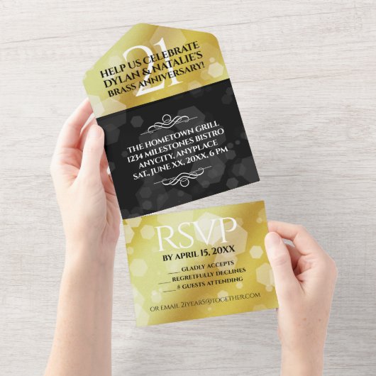 Elegant 21st Brass Wedding Jubileum Celebration All In One Uitnodiging (Afscheurbaar)