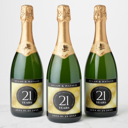 Elegant 21st Brass Wedding Jubileum Celebration Sparkling Wijnetiket (Flessen)