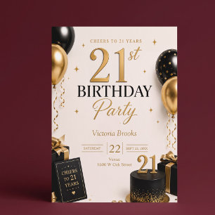Elegant 21ste verjaardagsfeestje zwart & goud kaart