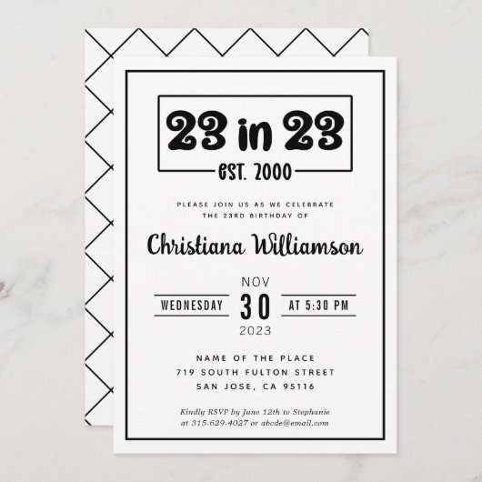Elegant 23e verjaardag cadeau 23 in 23 Est 2000 Kaart (Voorkant / Achterkant)