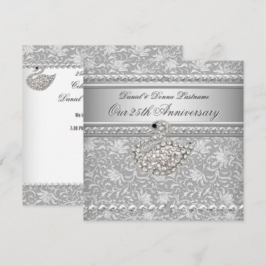 Elegant 25e Jubileum Silver Damask Swan 2 Kaart (Voorkant / Achterkant)