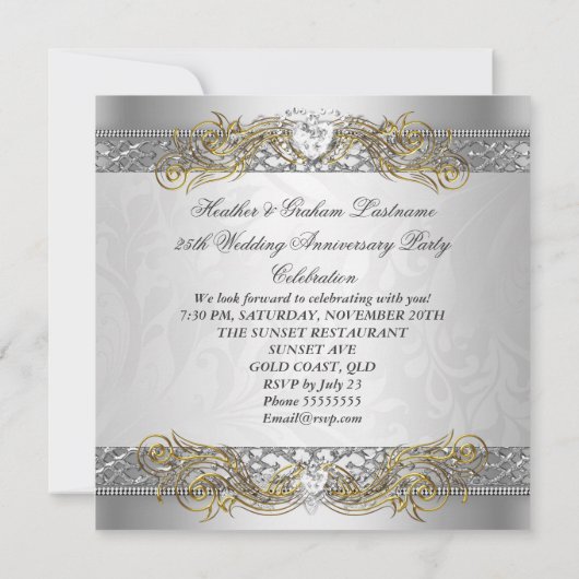 Elegant 25e Jubileum Silver White Gold Party Kaart (Achterkant)
