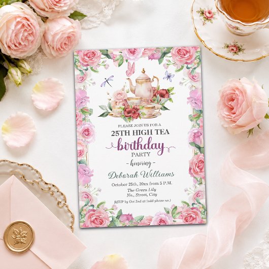 Elegant 25e verjaardag high tea feestje kaart