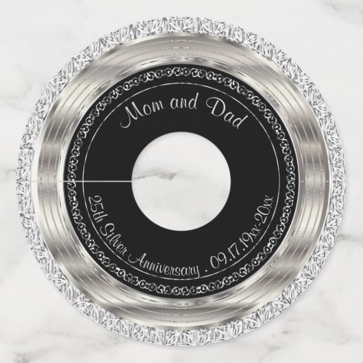 Elegant 25e zilveren en zwarte bruiloft Jubileum Wijnglaslabel (Voorkant)