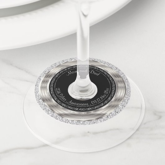 Elegant 25e zilveren en zwarte bruiloft Jubileum Wijnglaslabel (Dichtbij)