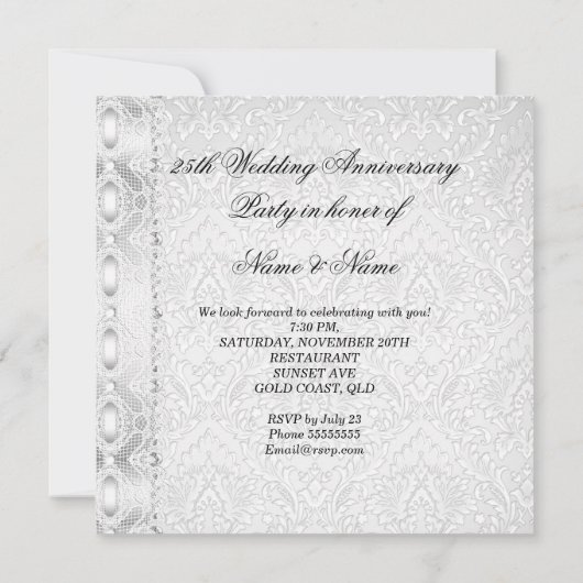 Elegant 25e Zilveren Huwelijksjubileum Feest Kant  Kaart (Achterkant)