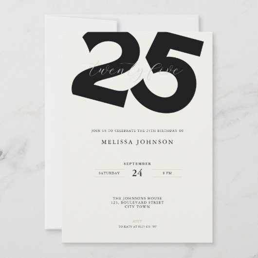 Elegant 25th Birthday Invitation - Minimal Style Kaart (Voorkant)