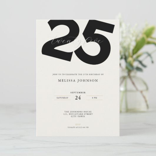 Elegant 25th Birthday Invitation - Minimal Style Kaart (Staand voorkant)