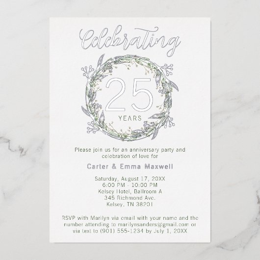 Elegant 25th Jubileum Party nodigt echte Folie uit Folie Uitnodiging (Voorkant)
