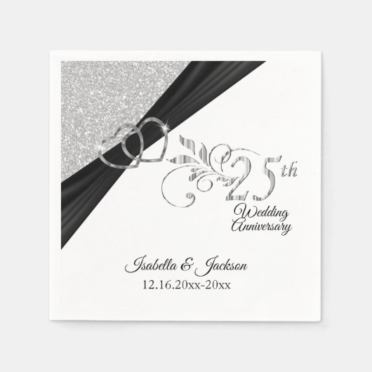 Elegant 25th Silver Glitter Wedding Jubileum Servet (Voorkant)