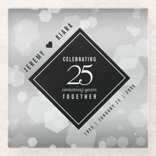 Elegant 25th Silver Wedding Jubileum Glazen Onderzetter (Voorkant)