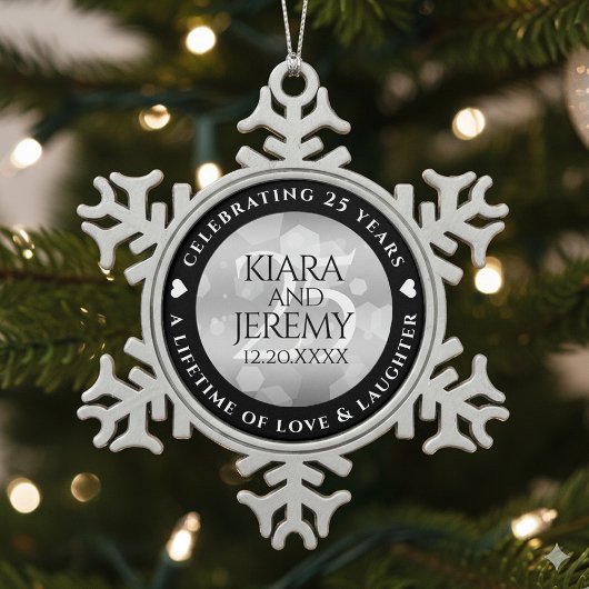 Elegant 25th Silver Wedding Jubileum Tin Sneeuwvlok Ornament