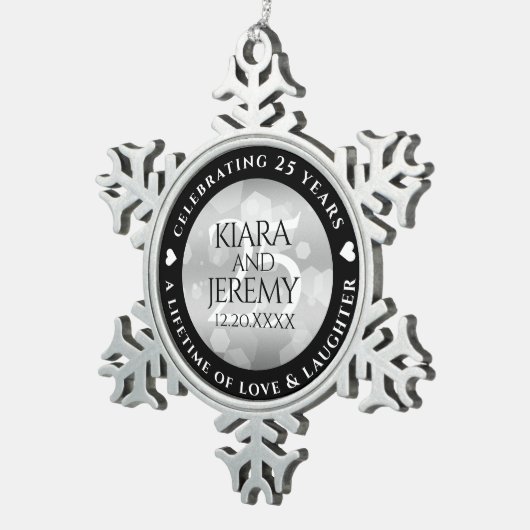 Elegant 25th Silver Wedding Jubileum Tin Sneeuwvlok Ornament (Rechts)
