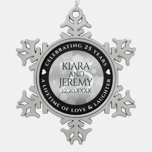 Elegant 25th Silver Wedding Jubileum Tin Sneeuwvlok Ornament (Voorkant)