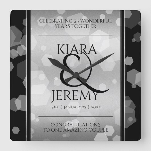 Elegant 25th Silver Wedding Jubileum Vierkante Klok (Voorkant)