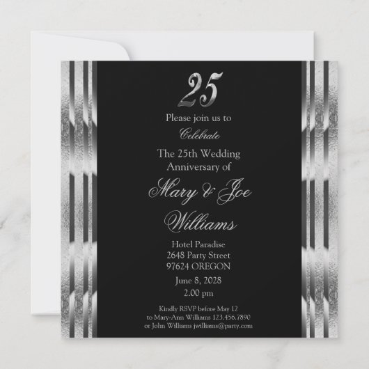 Elegant 25th Wedding Jubileum Black en Silver Kaart (Achterkant)