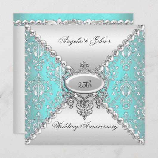 Elegant 25th Wedding Jubileum Blauwgroen Blue Whit Kaart (Voorkant / Achterkant)