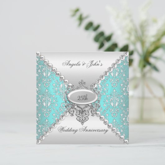 Elegant 25th Wedding Jubileum Blauwgroen Blue Whit Kaart (Staand voorkant)